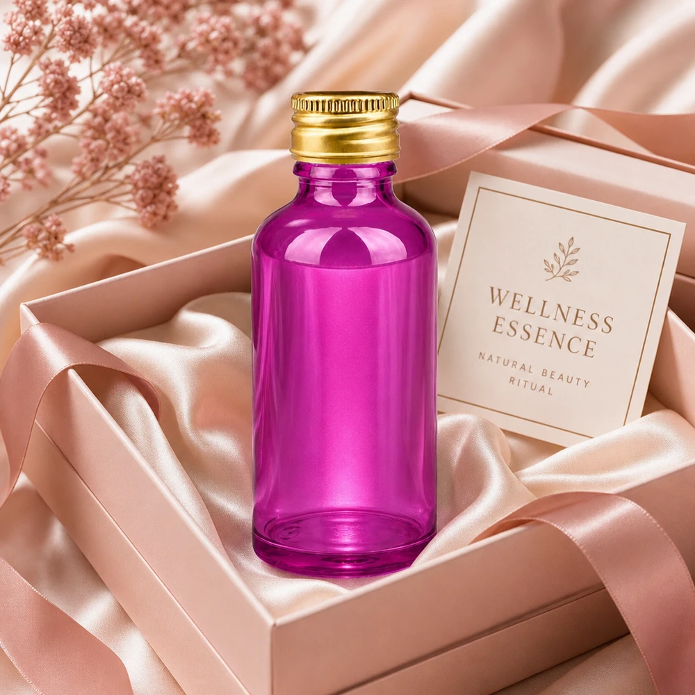 50 ml flaske 11 mm skruelåg aluminium guld standard PurpleLine. UT18/50 Premium Wellness Essence-flaske 50 ml i elegant violet med luksuriøs guldaluminiumshætte
