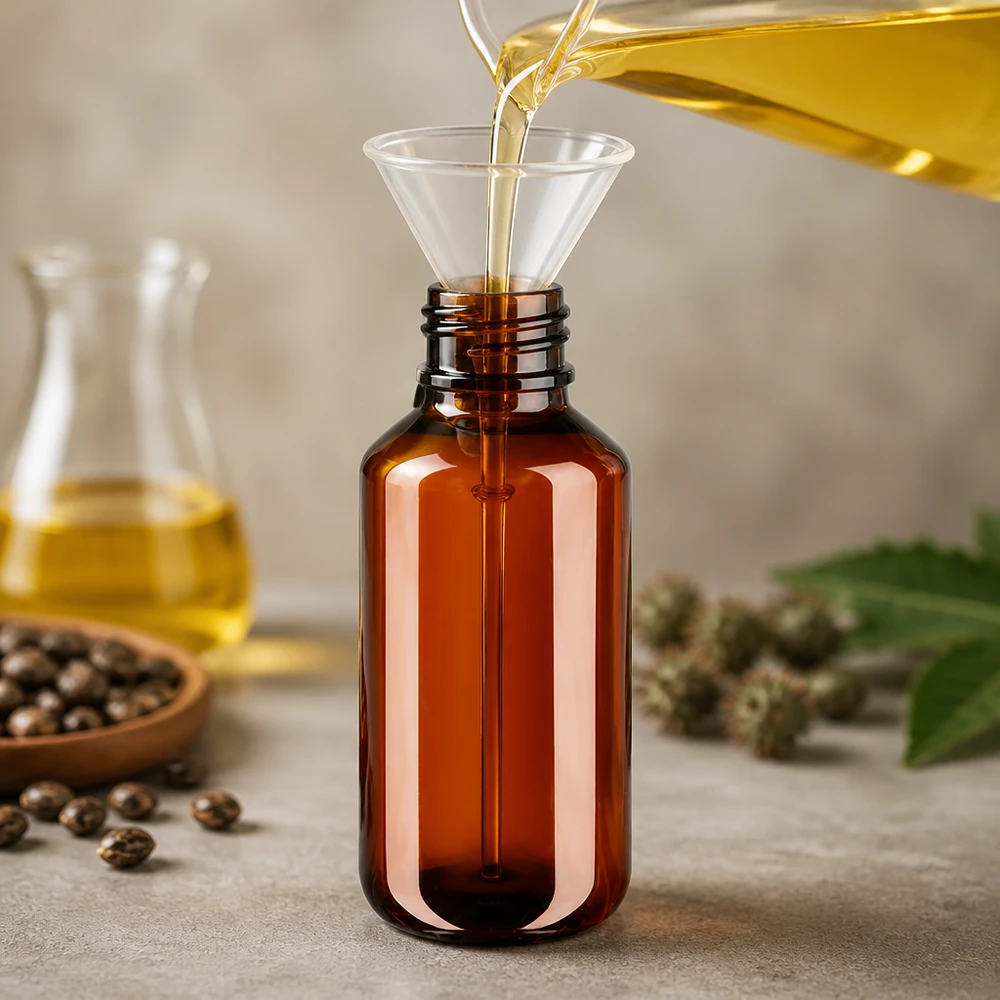 Nachfüllbare PET Flasche 100ml für Öle und Tinkturen mit Rizinussamen Dekoration
