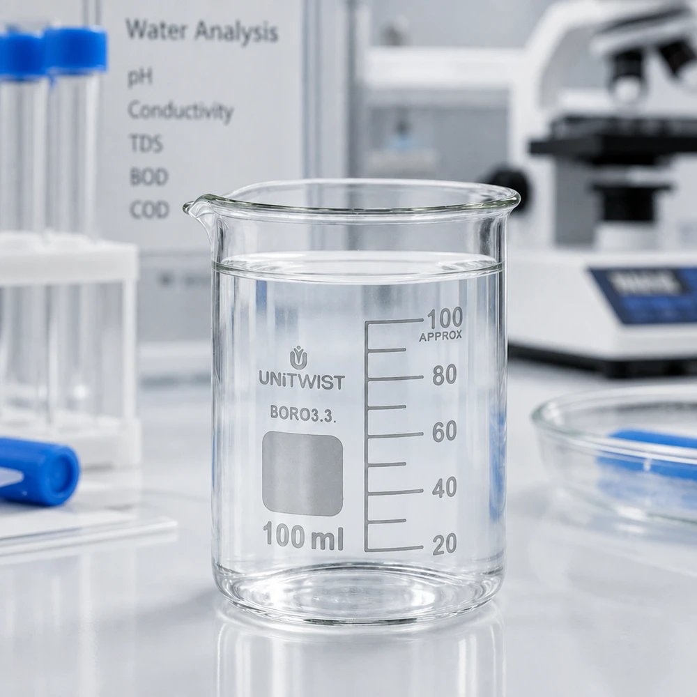 Bæger 100 ml borosilikat, lav form UNiTWIST 100 ml bægerglas, lav model, med rent vand til vandanalyse: pH, ledningsevne, TDS, BOD, COD