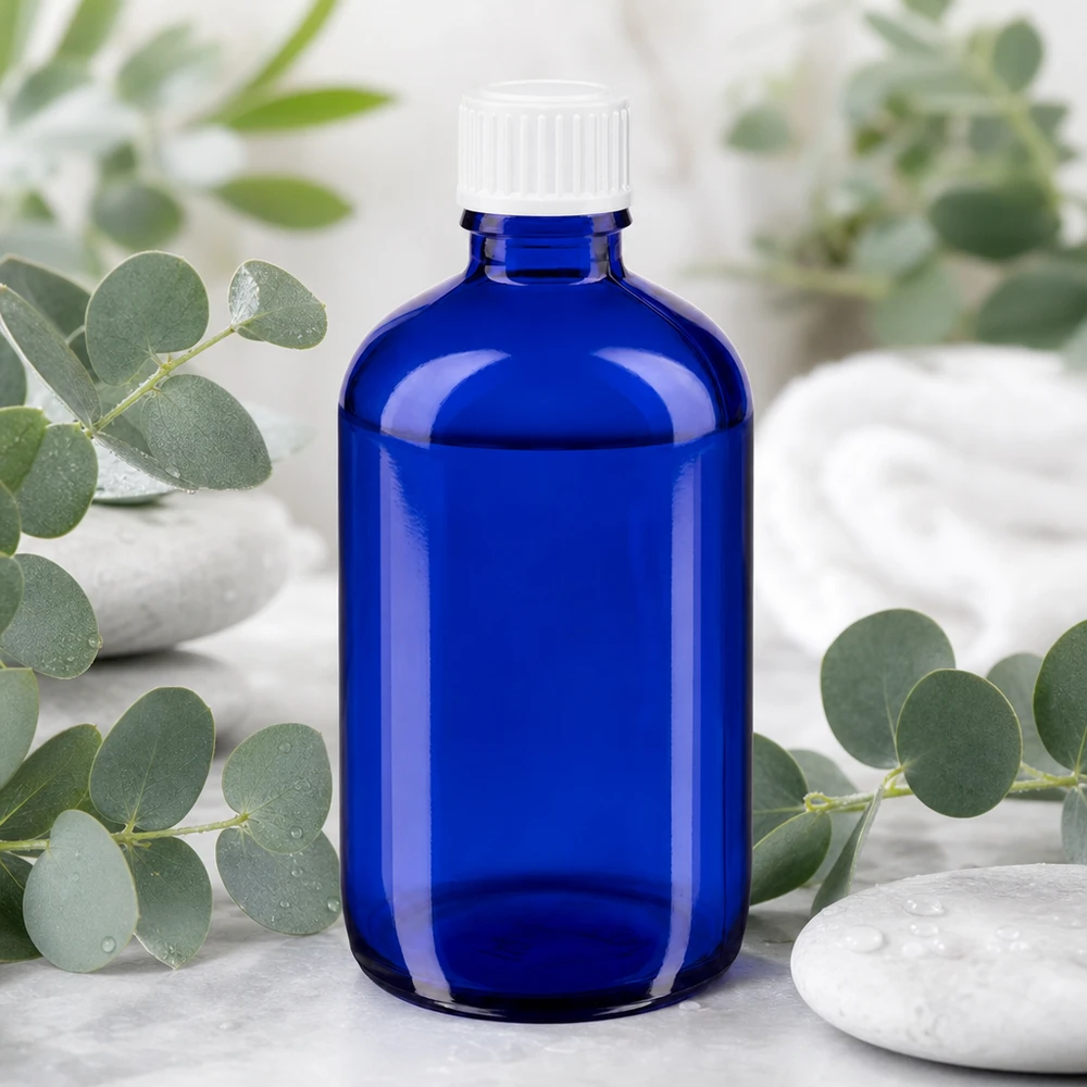 Koboltblå 100 ml apotekerflaske med hvid prop mellem eukalyptusgrene