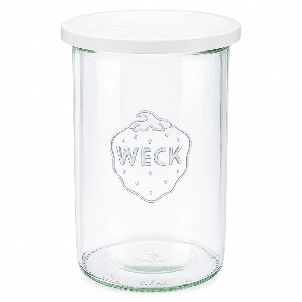 1000 ml Briller med friskhedslåg WECK RR100 WECK murerbalje 1000 ml med hvidt låg RR100 klar glaskrukke med WECK-logo