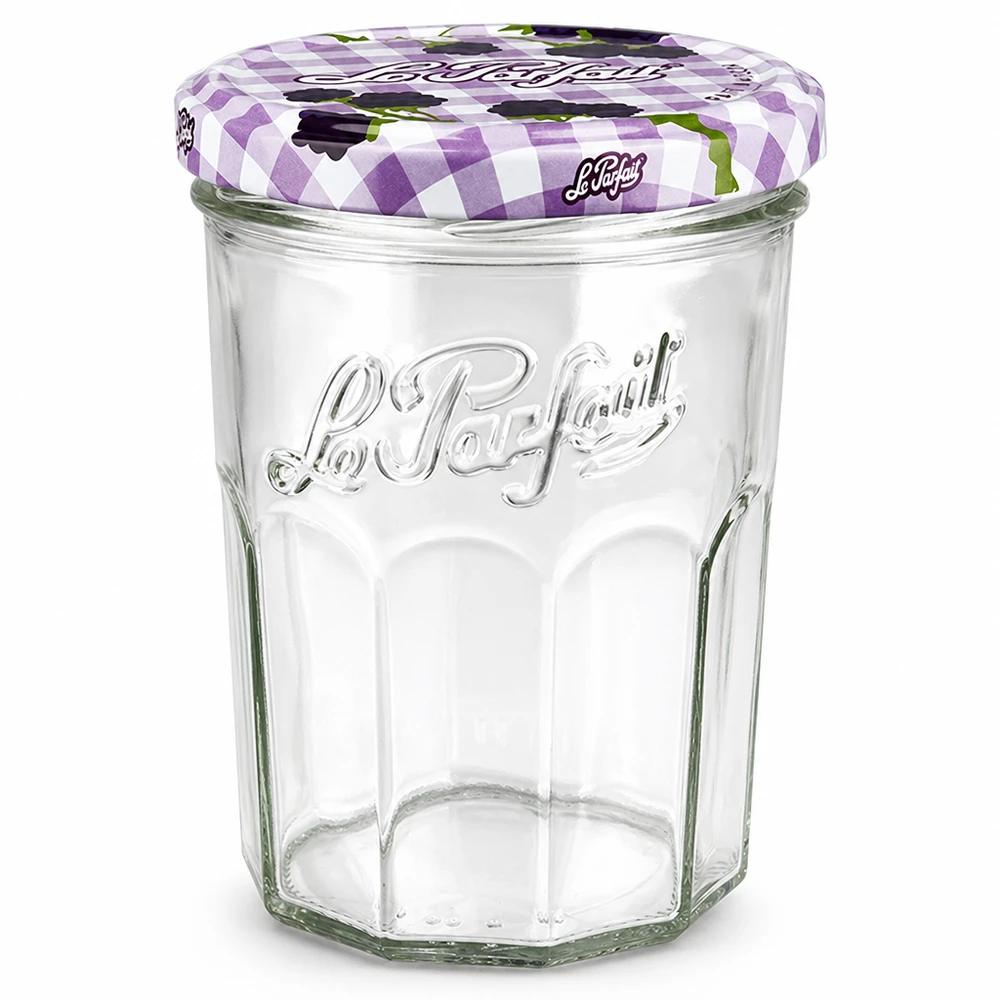 Le Parfait® Jam 385 ml Ø82 mm syltetøjsglas Le Parfait-bægre 385 ml med lilla ternet skruelåg til marmelade og konserves i klart glas