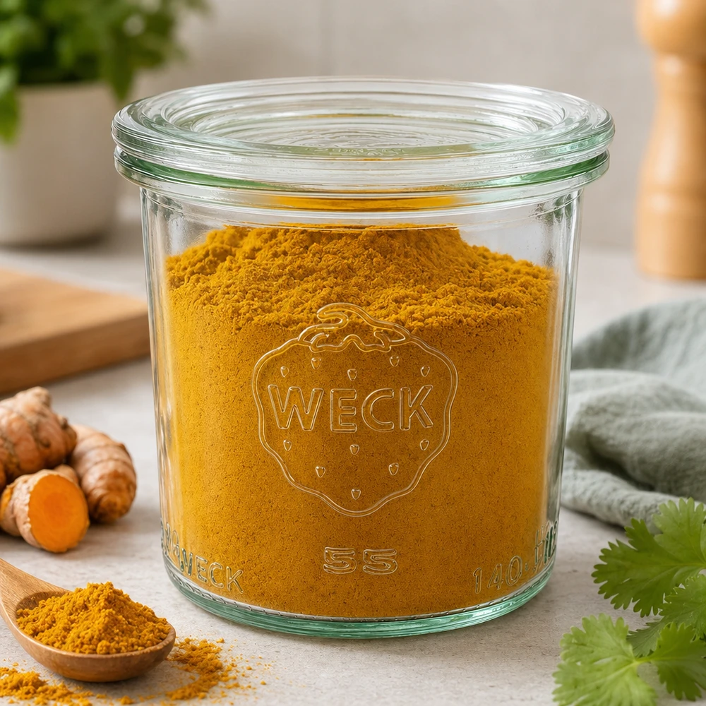 WECK 140 ml krukke med glaslåg RR60 | Premium-kvalitet WECK Sturzglas 140ml RR60 mit Kurkumapulver gefüllt zeigt Verwendung als Gewürzglas neben frischem Kurkuma