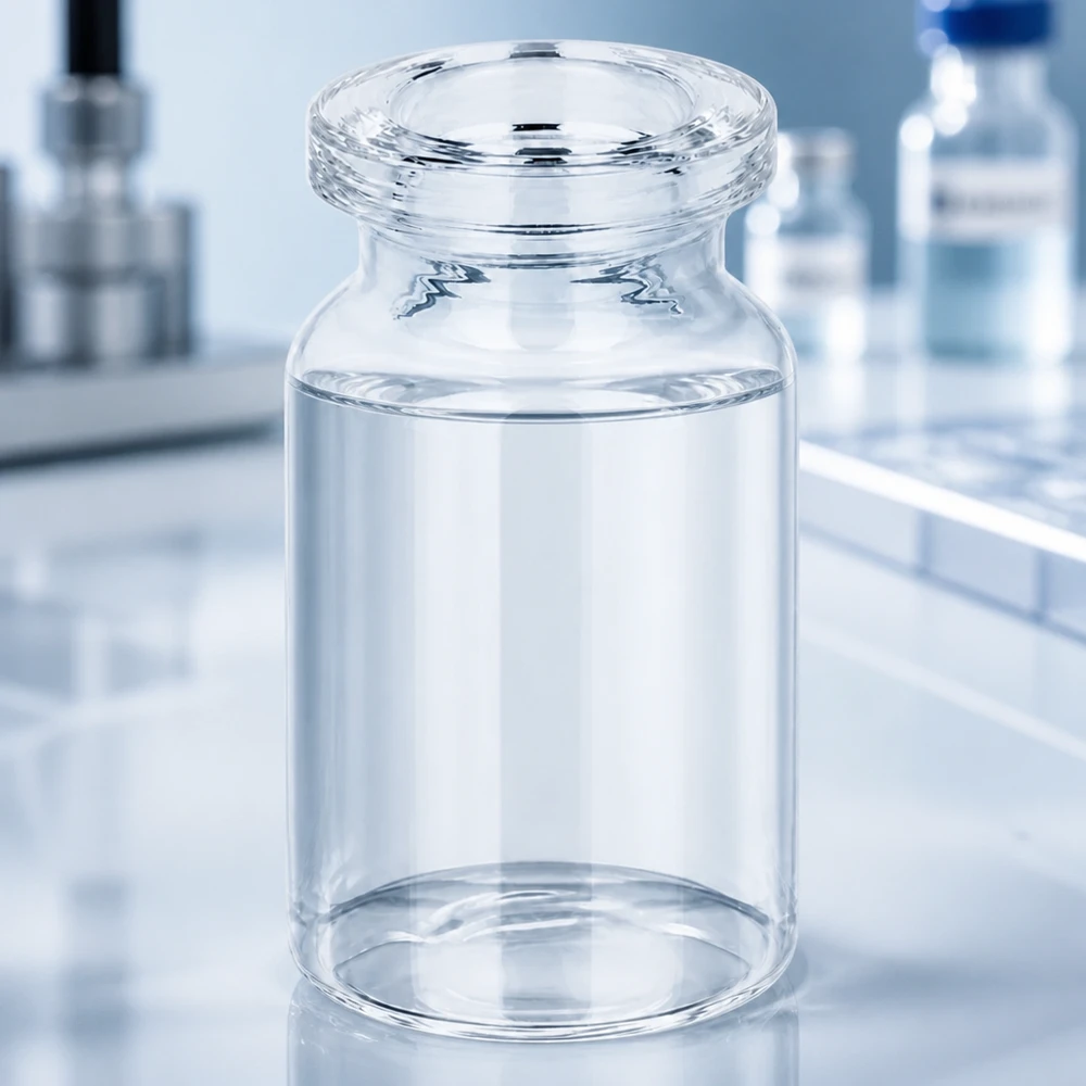 Injektionsflaske i klart glas 5 ml Kompakte Injektionsflasche Klarglas 5ml in modernem Laborumfeld für flüssige Arzneimittelformulierungen