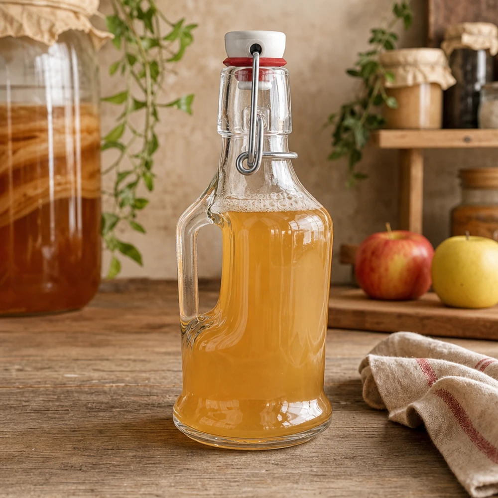 200 ml glasflaske »Bertha« og porcelænshængelåg UNiTWIST® UNiTW glasflaske Bertha 200ml fyldt med æblejuice i rustikt køkken ved siden af æbler swing top detalje