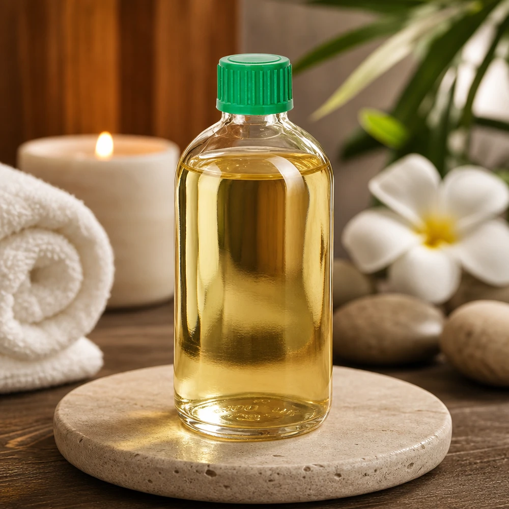 100 ml dråbeflaske 0,8 mm grøn STD ClearLine UT18/100 100 ml dråbeflaske ClearLine UT18 med grønt låg på natursten ved siden af wellness-tilbehør