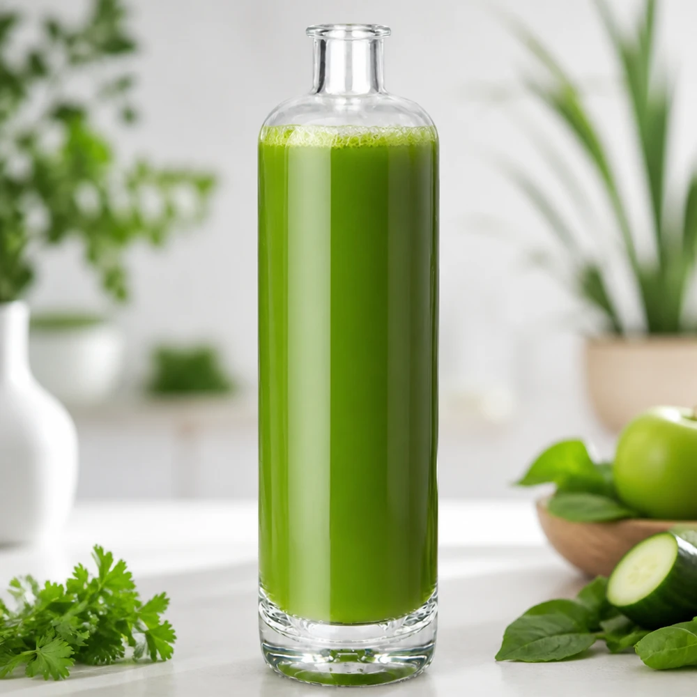 700 ml glasflaske »Ella« uden lukning UNiTWIST® 700 ml glasflaske med Ella fyldt med grøn smoothie i køkken dekoreret med friske urter og grøntsager