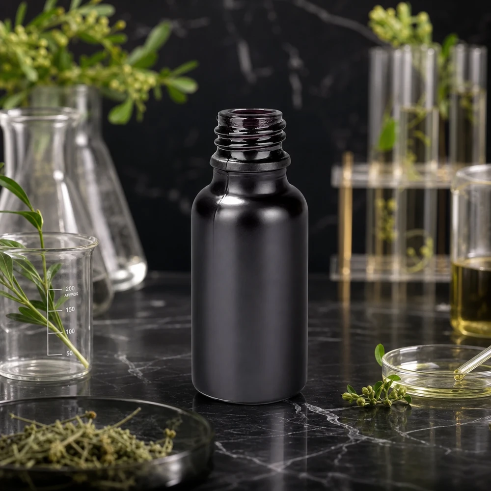 20 ml apoteksflaske BlackLine UT18/20 UNiTWIST 20 ml sort glasflaske UT18/20 UNiTWIST til aromaterapeutiske olier og urteekstrakter