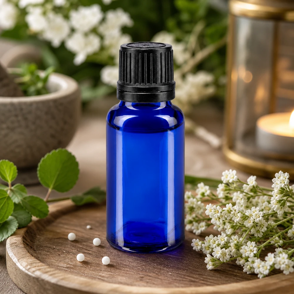 20 ml koboltblå dråbeflaske med 1 mm præcisionsdråbetæller og børnesikret originalitetslås
