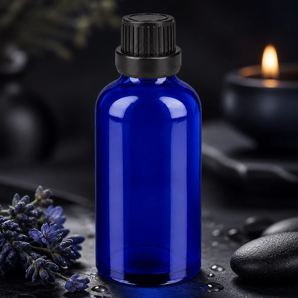 50 ml flaske 11 mm SV sort OV BlueLine UT18/50 Elegant blå 50 ml-glasflaske med sort sikkerhedsdæksel til professionel brug