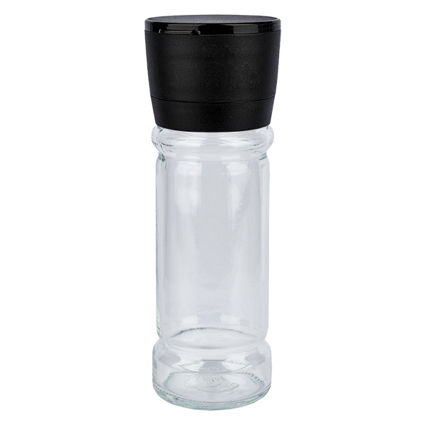 Krydderikrukke i klart glas, 100 ml, med kværn, keramik, sort Krydderikrukke i klart glas, 100 ml, med kværn, keramik, sort