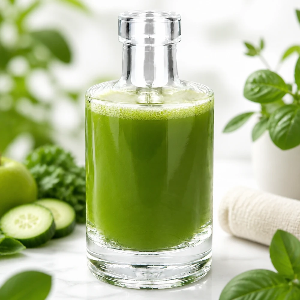 200 ml glasflaske »Marie« uden lukning UNiTWIST® 200 ml glasflaske Marie fyldt med grøn smoothie omgivet af agurker og planter sund ernæring livsstil