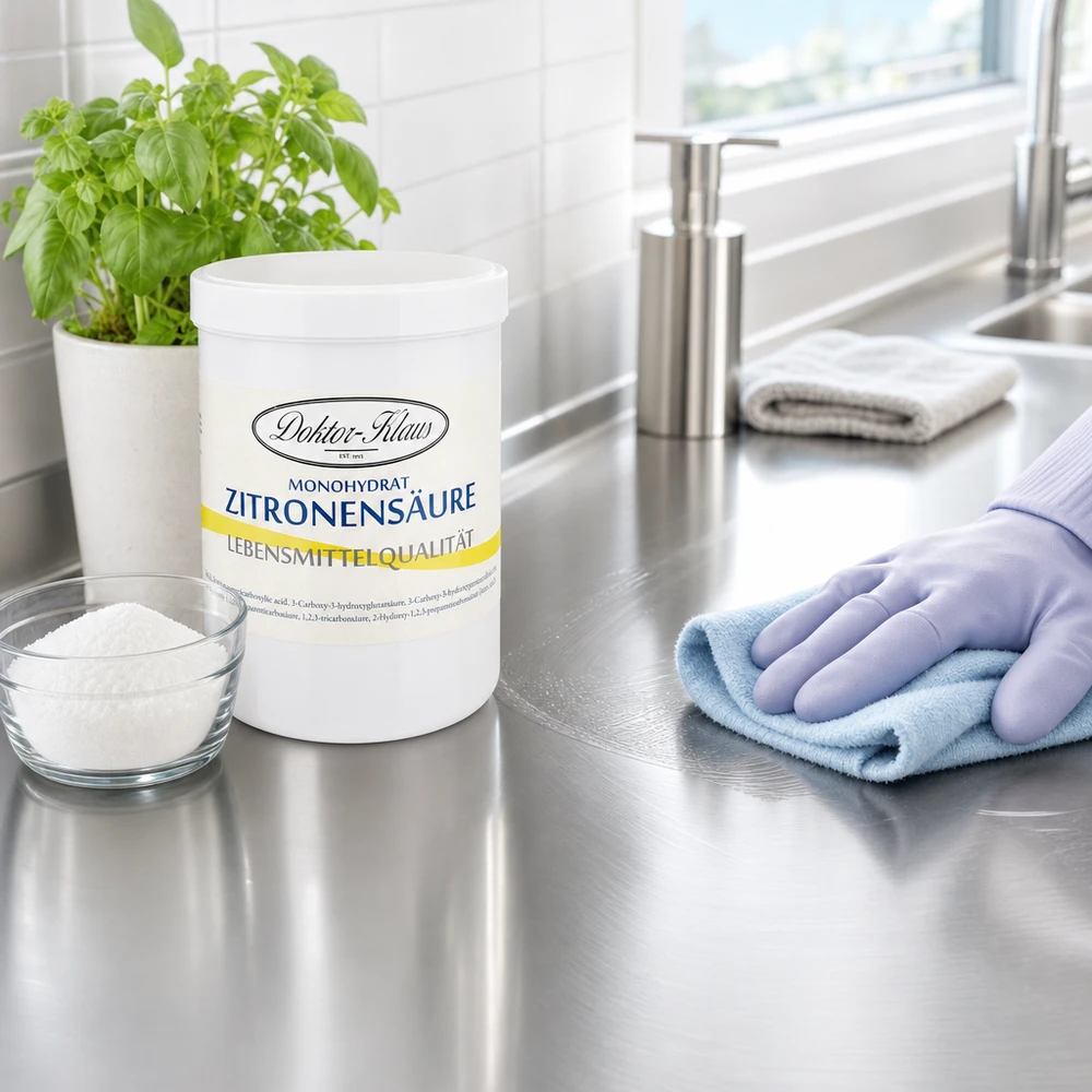 1000g citronsyre Doktor-Klaus Doktor-Klaus citronsyre 1000g rengøringsmiddel på køkkenbordplade med rengøringshandske