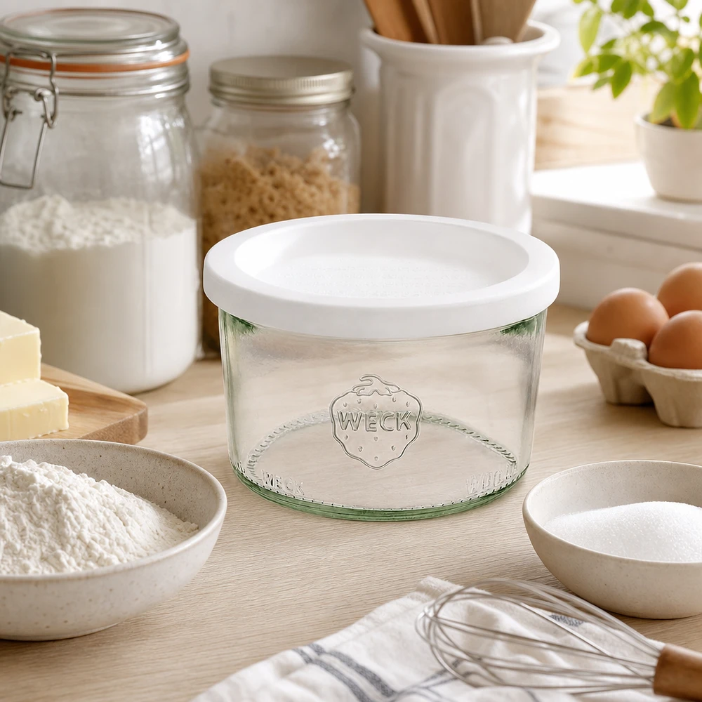 200 ml Briller med friskhedslåg WECK RR80 WECK Sturzglas 200ml RR80 in ästhetischer Küche mit Backzutaten Mehl Eiern und Vorratsgläsern zum Backen