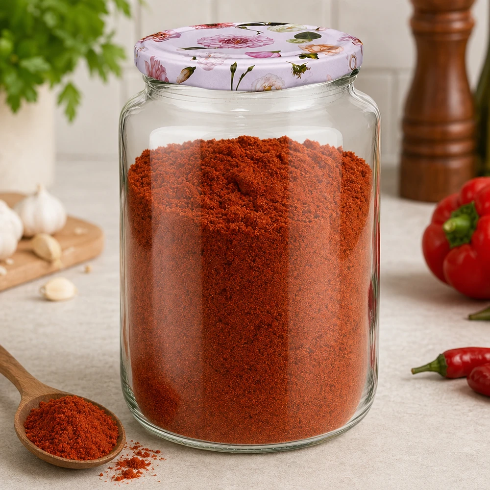 795 ml rund krukke + BasicSeal låg, lyserød UNiTWIST 795 ml rund krukke fyldt med rødt paprikapulver BasicSeal-låg lyserødt blomstermønster krydderiopbevaringskrukke køkken
