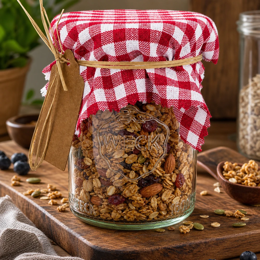 Smykkedug i stof bordeaux-ternet 120x120mm firkantet Bordeaux-kariertes Schmuckdeckchen 12cm auf Weckglas mit Müsli-Mix als dekorative Geschenkverpackung