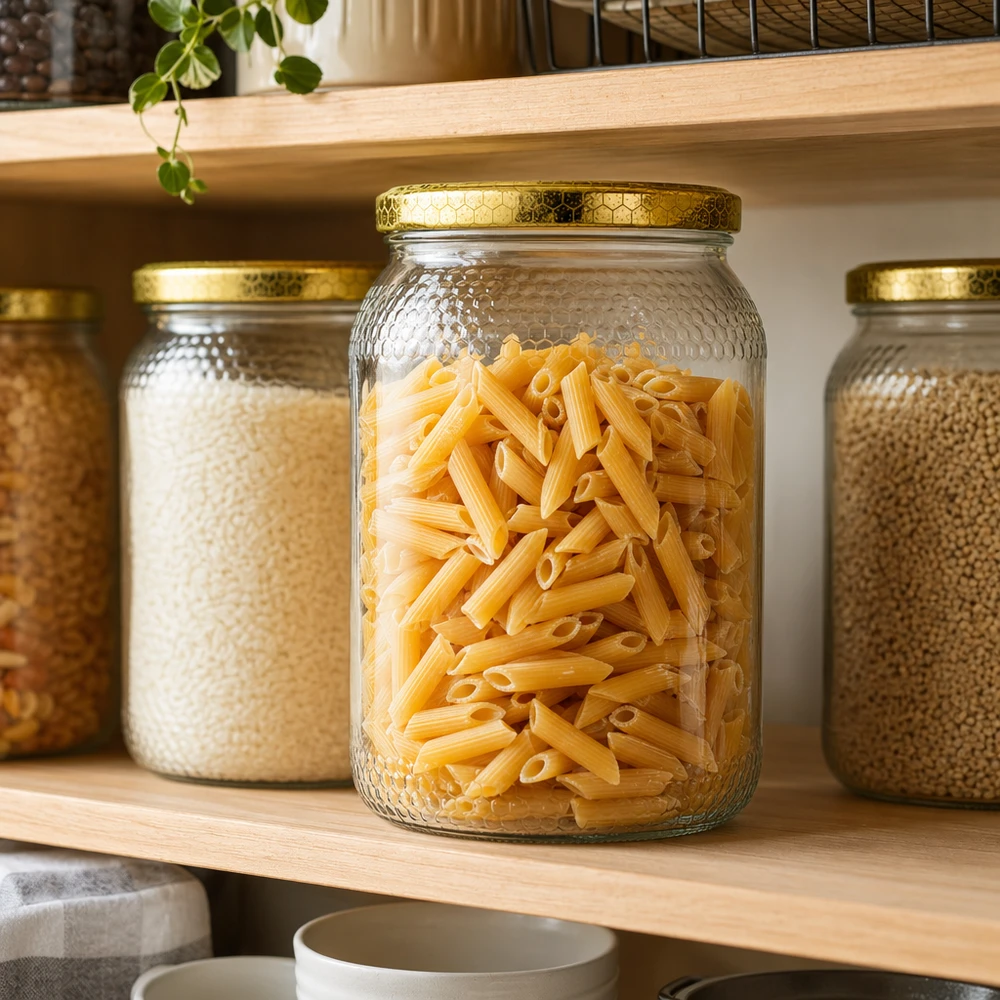 1260 g honningglas med låg med honningkagemønster BasicSeal UNiTWIST Honningkrukke 900 ml med honeycomb-låg, der bruges til opbevaring af pasta og korn i køkkenet