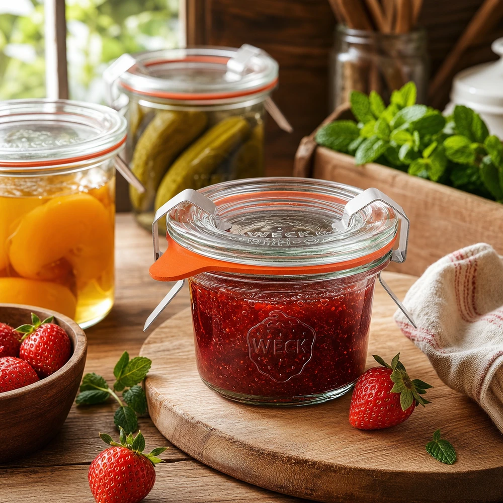 35 ml Briller komplet WECK RR40 WECK 35 ml RR40-glas i køkkenet fyldt med marmelade ved siden af friske jordbær og andre syltetøjsglas