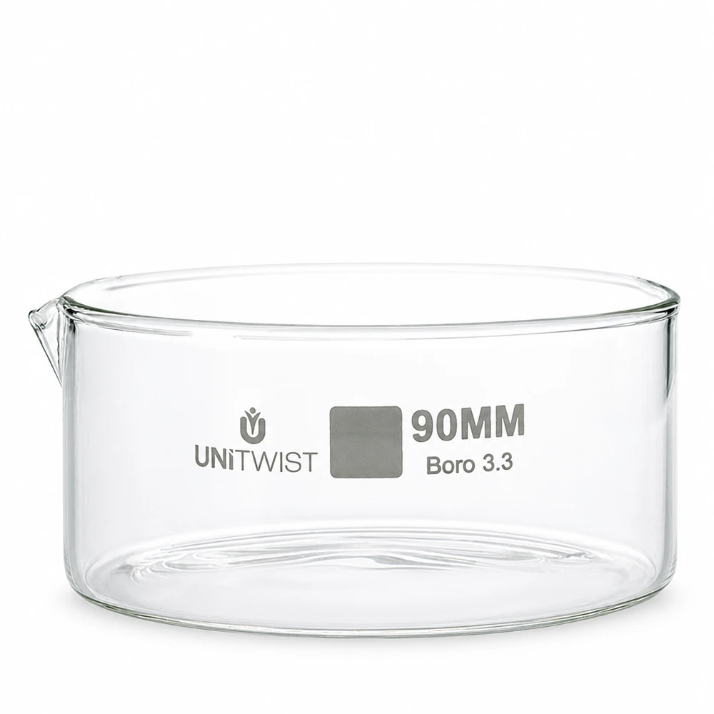 Krystalliseringsskål ø90mm borosilikatglas UNiTWIST Krystalliseringsskål 90 mm, borosilikatglas, UNiTWIST Boro 3.3, gennemsigtig, til laboratoriebrug