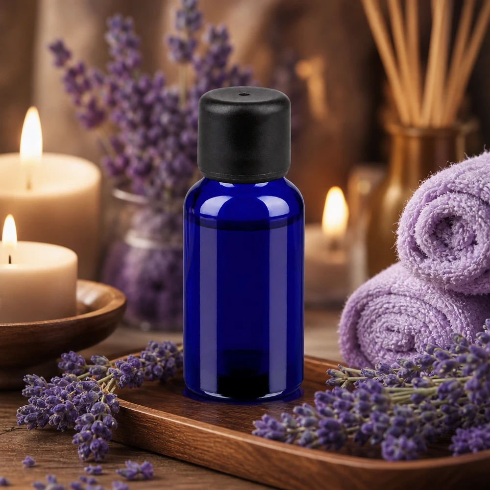 Kompakt 20 ml violet glasflaske med 6 mm SV-hætte til aromaterapi og wellness.