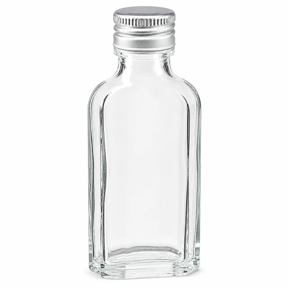 50 ml Meplat-glasflaske, klar, med sølvfarvet aluminiumslukke PP22 til spiritus og likør
