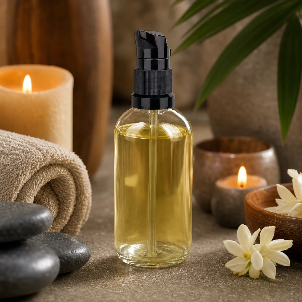 100 ml pumpeflaske sort STD ClearLine UT18/100 100 ml flaske af klart glas med sort doseringspumpe, lysegul massageolie, spa-stearinlys, atmosfære, wellness
