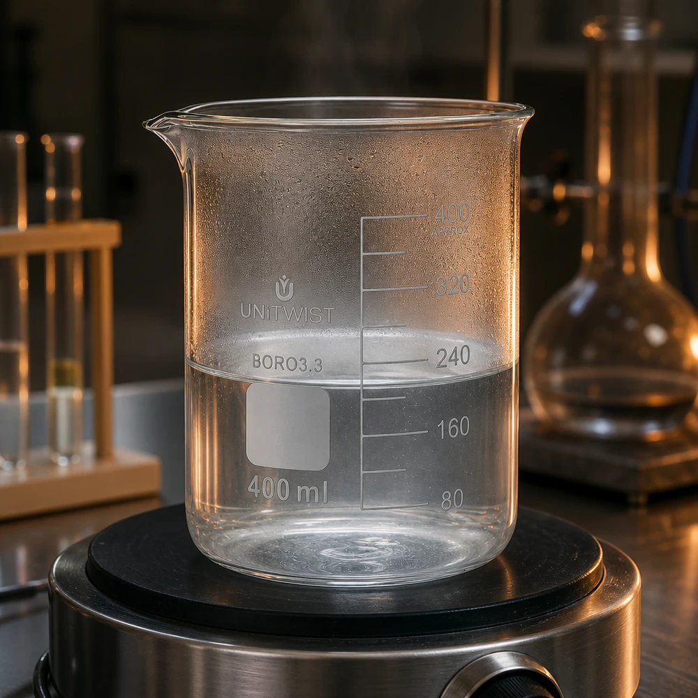 Bæger 400 ml borosilikat, lav form UNiTWIST Gennemsigtigt bægerglas på 400 ml med lav form på en magnetomrører med en klar væske i laboratoriet