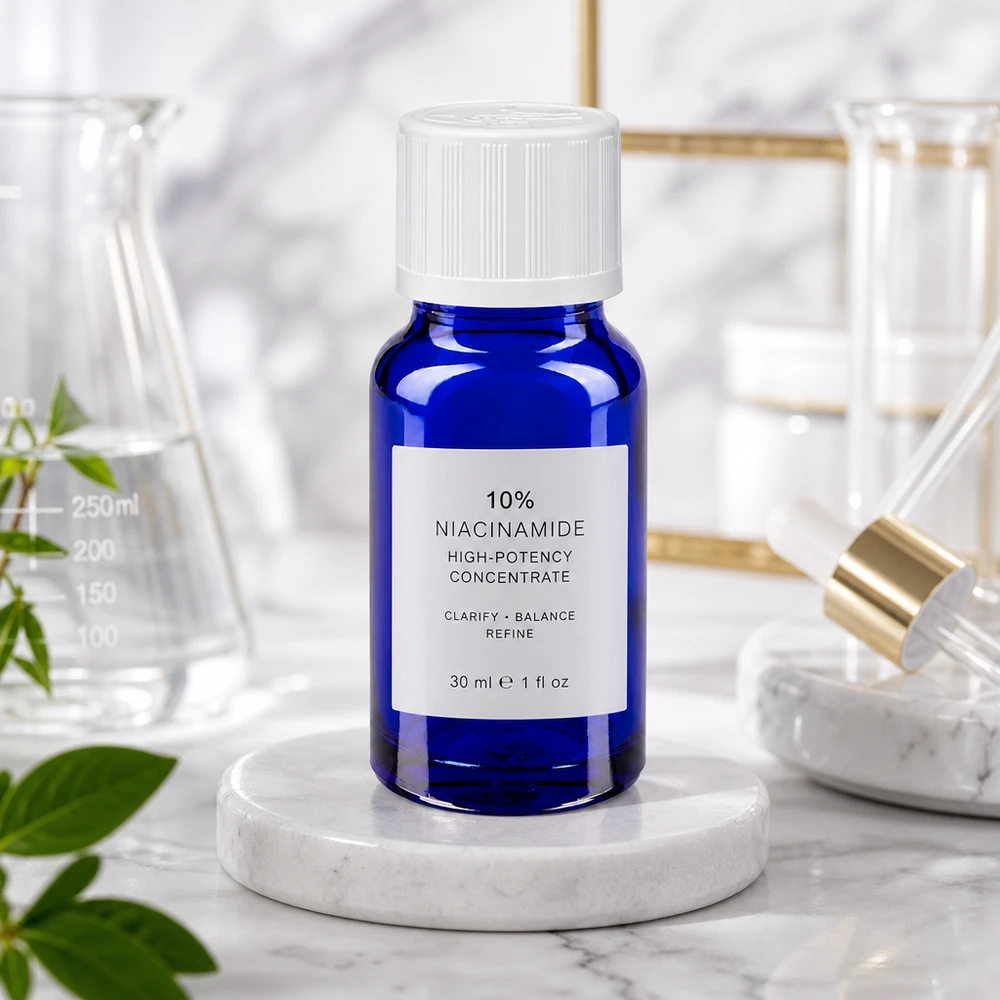 Apoteksflaske blå 10ml dråbetæller hvid KiSi St 10 ml blå dråbeflaske af apotekerglas med hvid børnesikkerhedslås til niacinamid-serum
