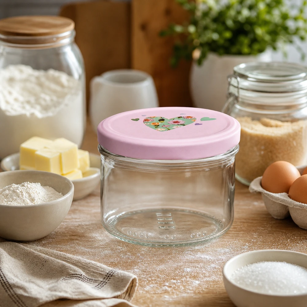 230 ml cylinderformet krukke + BasicSeal-låg, hjerterosa Tomt 230 ml cylinderglas med lyserødt hjerteformet låg i et hyggeligt køkken blandt bageingredienser og opbevaringskrukker