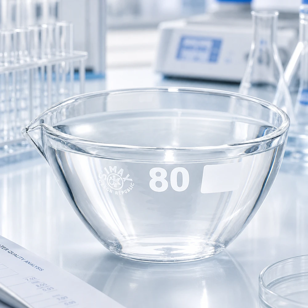 90 ml fordampningsskål med borosilikat-tud Gennemsigtig 90 ml borosilikat laboratorieskål med tud, ideel til inddampningsprocedurer