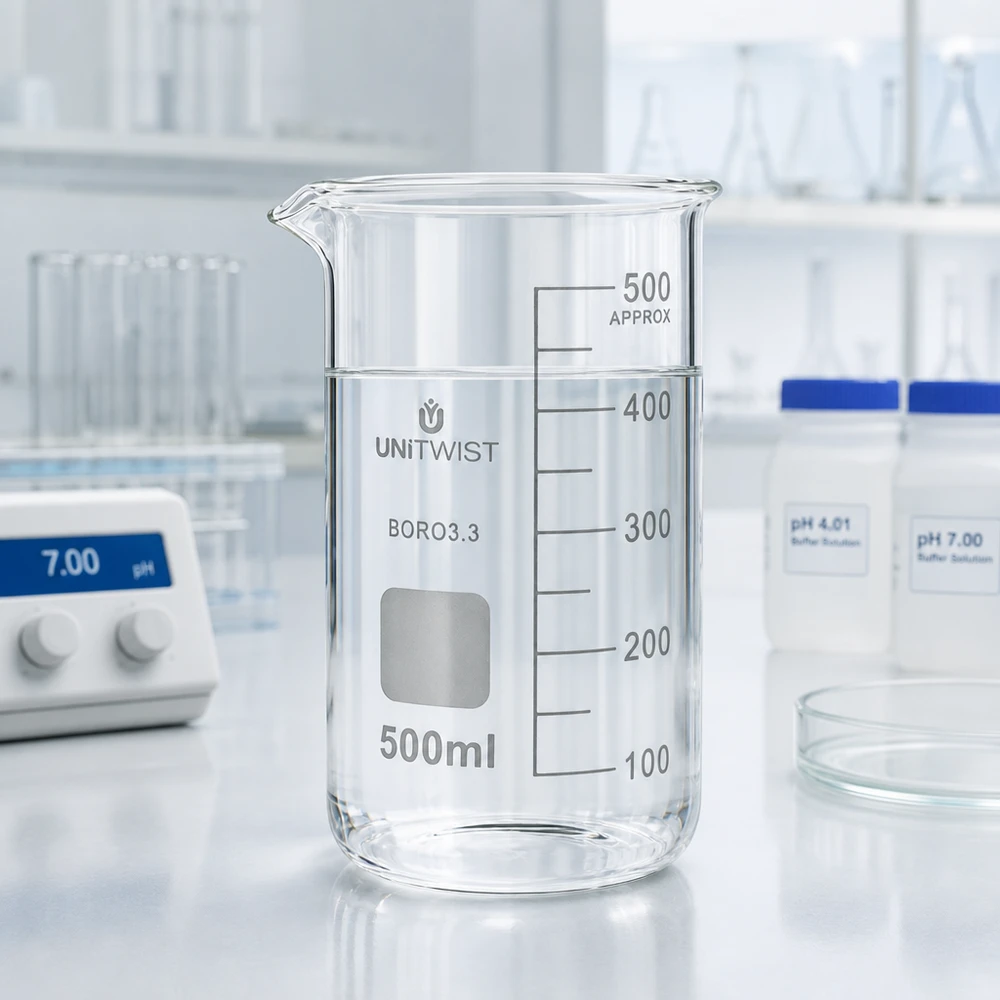 Tomt bæger på 500 ml, højt design, af klart borosilikatglas 3.3 ved siden af pH-måleren i laboratoriet
