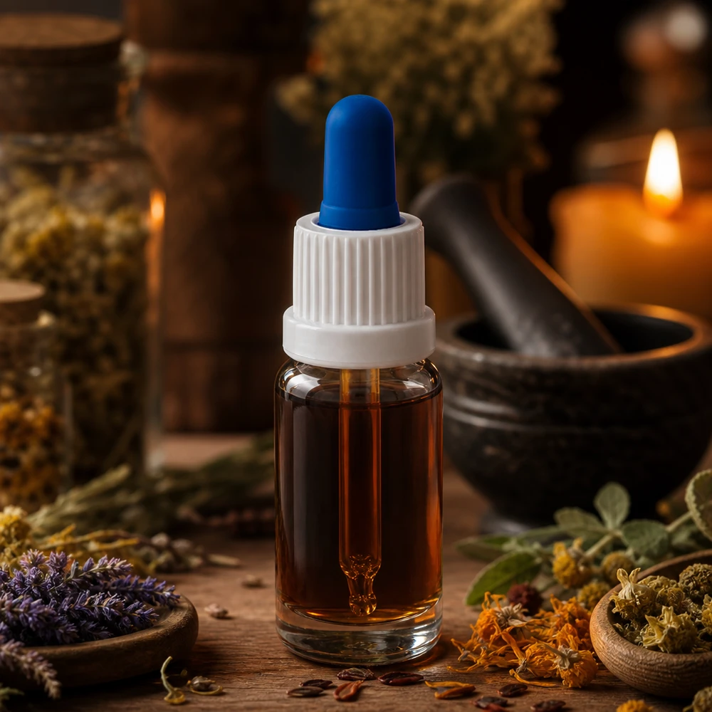 10 ml pipetteflaske hvid/blå OV ClearL. UT18/10 Aromaterapi-pipetteflaske, 10 ml, i klart glas med urtemørtel og et lys i baggrunden