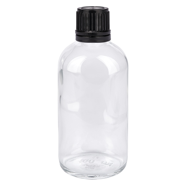 100 ml (kugle)Flas. 3mm GR s. STD ClearL. UT18/100 Gennemsigtig glasflaske på 100 ml med sort skruelåg til globuli og homøopati