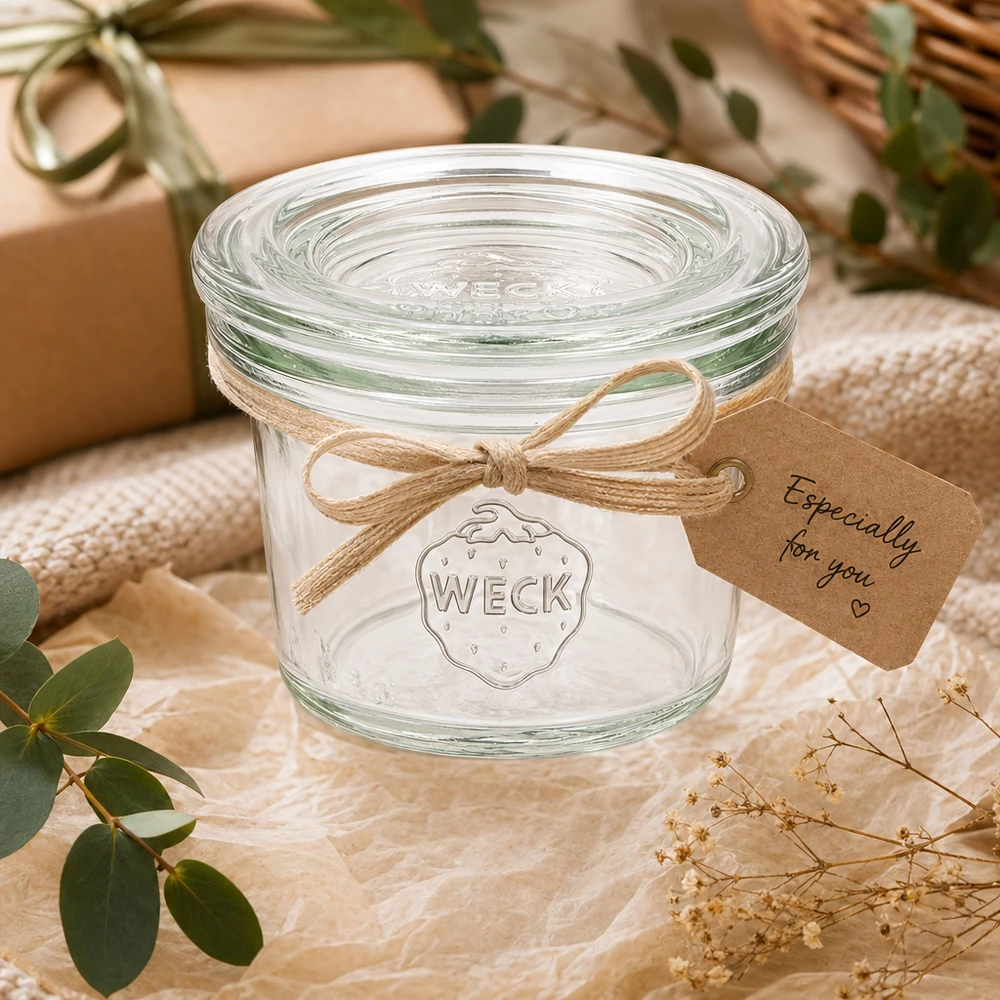 35 ml Briller med glaslåg WECK RR40 35 ml WECK RR40-tumblere som gave dekoreret med sløjfe og tag i en naturlig atmosfære med planter