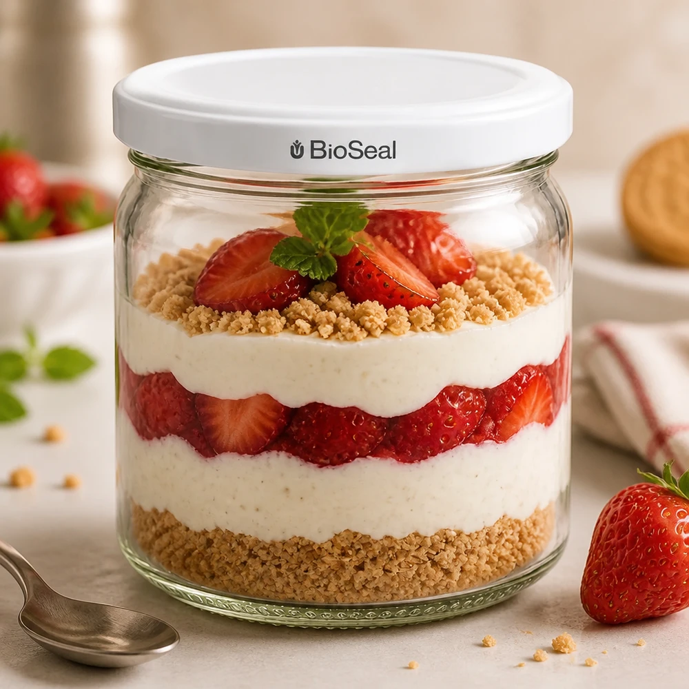 UNiTWIST Runda408 med hvidt låg TO82 BioSeal UNiTWIST Runda408 som dessertglas med jordbær og fløde - kreative lagdelte desserter i et BioSeal-opbevaringsglas