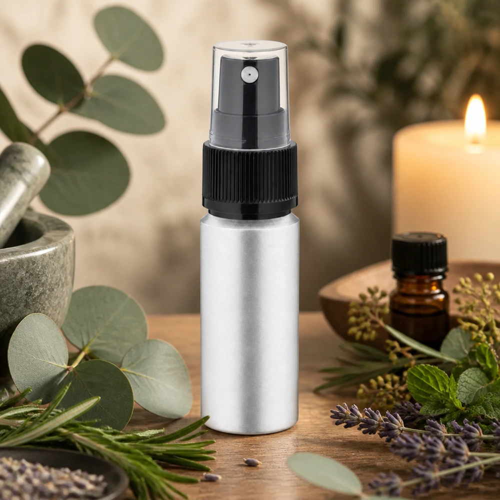 20 ml farvet aluminiumsflaske med forstøver Sølvfarvet 20 ml aluminiumsflaske med praktisk sprayhoved, ideel til gør-det-selv-kosmetik og aromaterapi