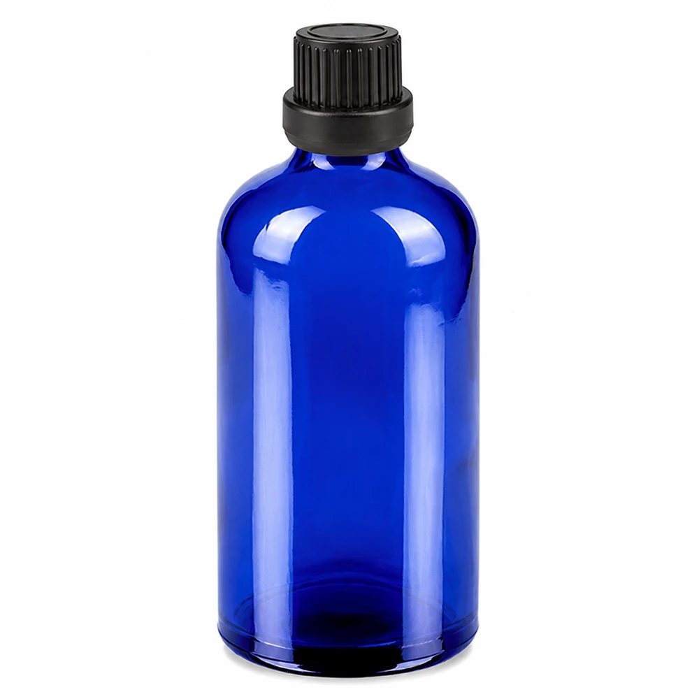 100 ml dråbeflaske 2 mm sort OV BlueLine UT18/100 Blå glasflaske 100 ml med sort dråbehætte 2 mm til kosmetik og æteriske olier