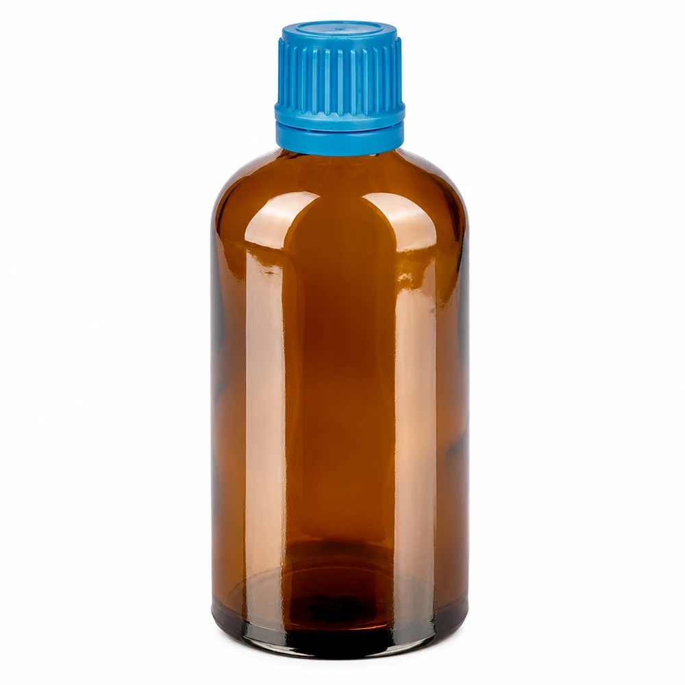 100 ml flaske 11 mm SV blå OV BrownLine UT18/100 100 ml ravfarvet glasflaske med blåt skruelåg til laboratoriebrug og medicin