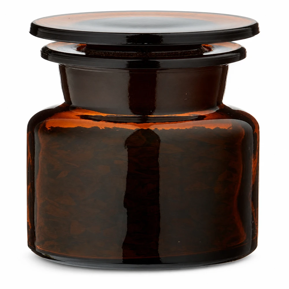 Idé til krydderiglas: apotekerflaske 50 ml med bred hals i ravfarvet glas Apotekerflaske, 50 ml, bredhalset, af brunt glas med glasprop, til opbevaring af krydderier