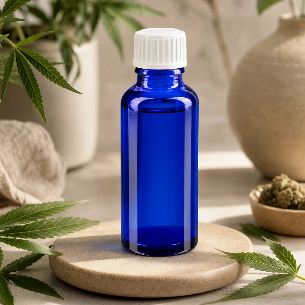 Lille blå glasflaske på 30 ml med hvid prop på en natursten mellem cannabisplanter