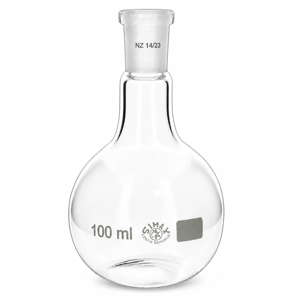 100 ml kolbe med standard slebet led (14/23) Rund glaskolbe 100 ml med smal hals og slebet standardfuge 14/23 til præcist laboratoriearbejde