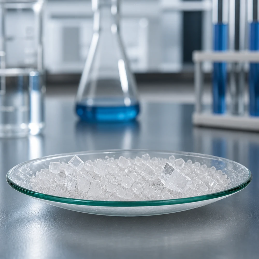 Urglasskål Ø 70 mm Flad glasskål 70 mm fyldt med krystaller til kemiske eksperimenter i laboratoriet