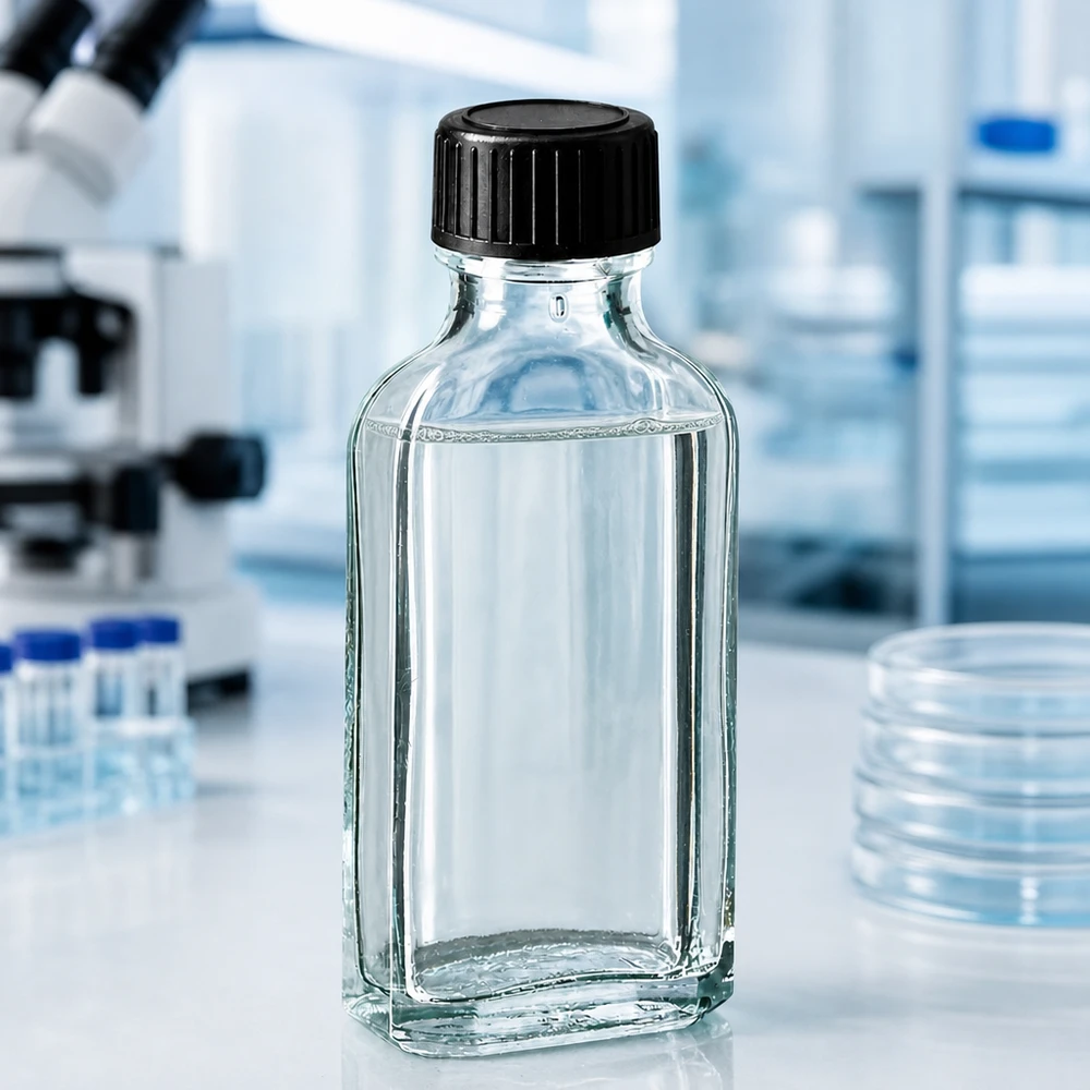 50 ml Meplat klar skruelåg med EPE-forseglingsskive Gennemsigtig Meplat-glasflaske på 50 ml med EPE-tætningsskive og sort låg til brug i laboratoriemiljøet