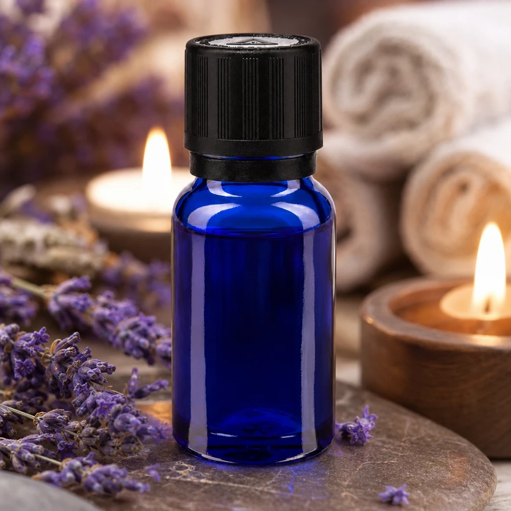 Apotfl. blå 10ml dryp v. Pr. 1mm s. KiSi Bliw OV Blå 10 ml glasflaske med dråbeindsats mellem lavendelblomster og stearinlys i en spa-atmosfære