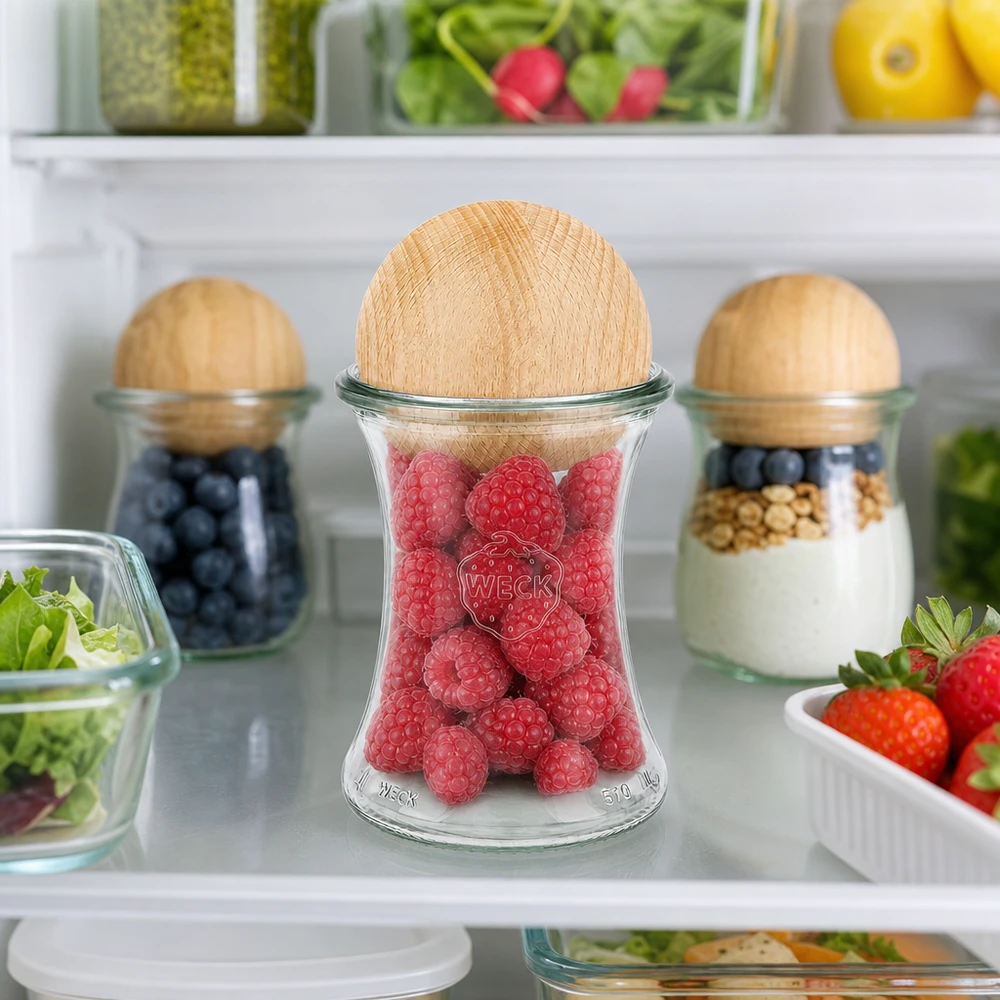 370 ml delikatesseglas WECK RR80 m. Trækugle bøg WECK krukke 370ml RR80 trækugle bøg køleskab hindbær friske bær opbevaringskrukke
