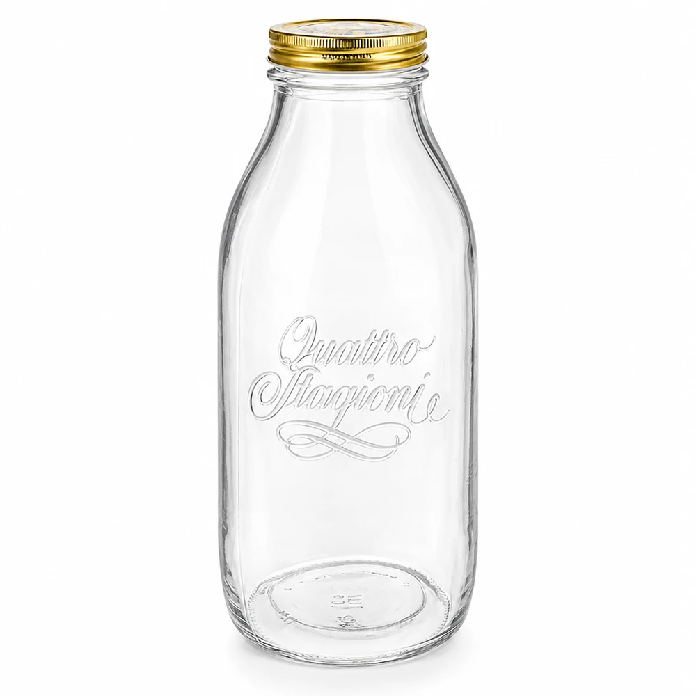 1000 ml glasflaske "Quattro Stagioni" med låg 1000 ml glasflaske Quattro Stagioni med gyldent skruelåg, gennemsigtig med elegante bogstaver, mælkeflaskedesign