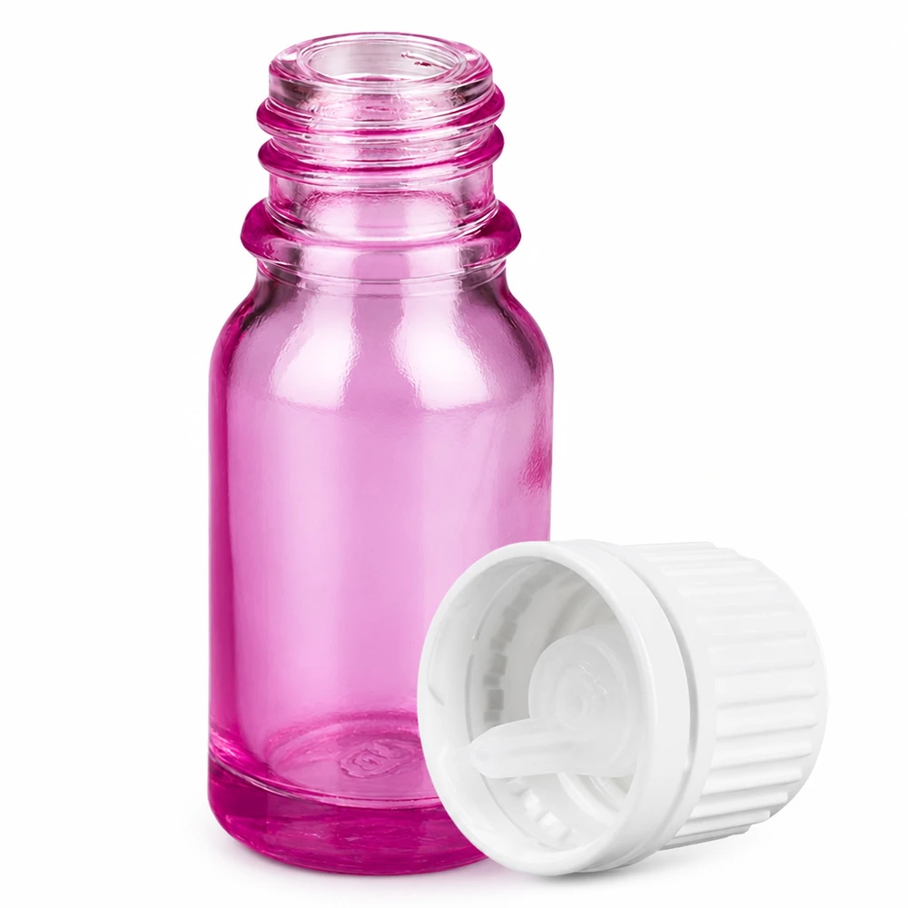 10 ml dråbeflaske 0,7 mm hvid Originality skruelåg PurpleLine UT18/10 10 ml PurpleLine violet glasflaske med 0,7 mm dråbeindsats til præcis dosering UT18/10