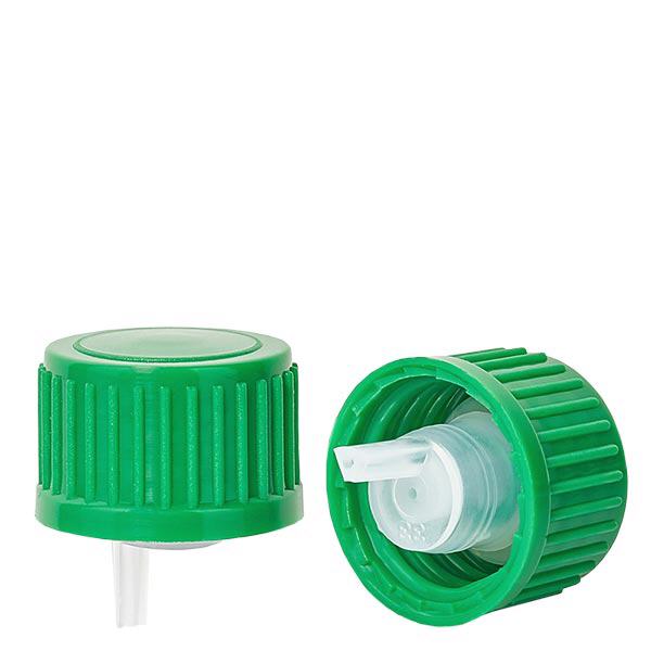 Dråbehætte 0,8 mm grøn (DIN18, UT18) standard. Lodret dråbetæller. Til ApoGlas®, UNiTWIST® & Miron® Apofl. 5-100 ml med 18 mm gevind. Dråbehætte 0,8 mm grøn (DIN18, UT18) standard. Lodret dråbetæller. Til ApoGlas®, UNiTWIST® & Miron® Apofl. 5-100 ml med 18 mm gevind.