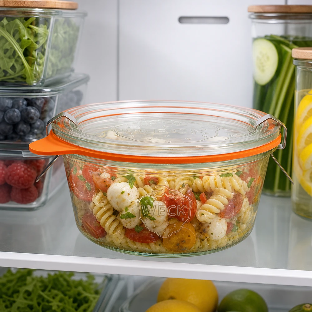 290 ml Briller lav komplet WECK RR100 WECK glas 290 ml RR100 med pastasalat i køleskabet viser praktisk madopbevaring