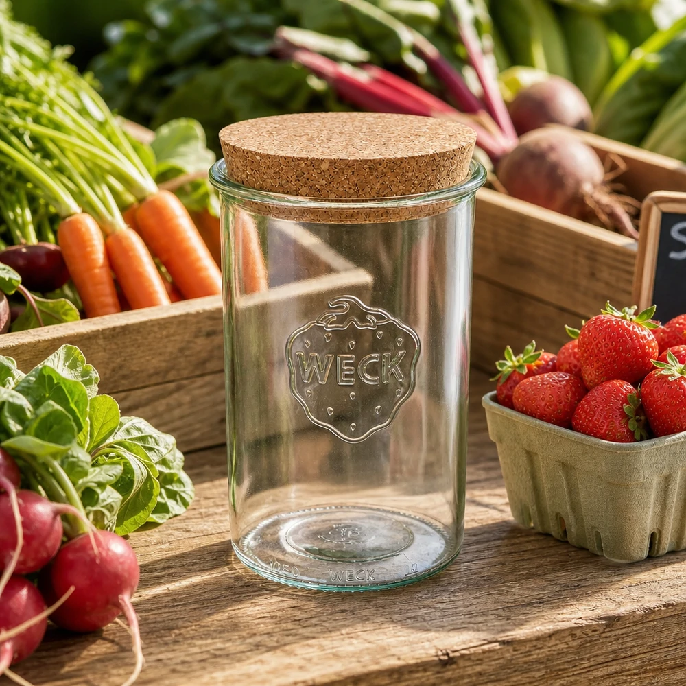 1000 ml Briller WECK RR100 med kork natur WECK Sturzglas 1000ml RR100 mit Korken zwischen frischem Gemüse und Erdbeeren natürliche Küchenszene Vorratsglas